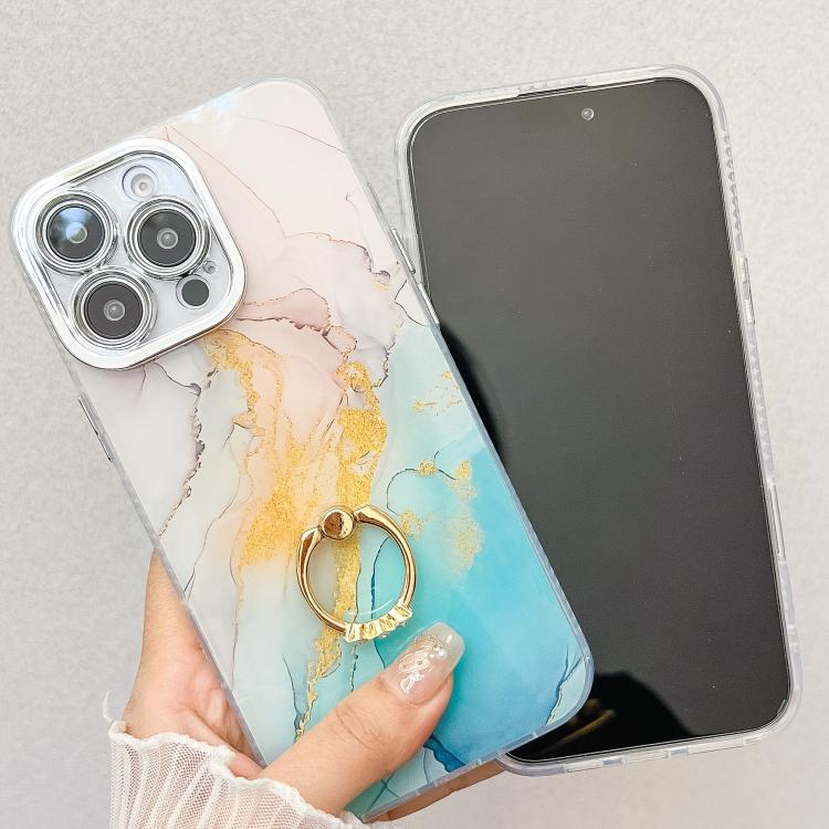 For iPhone 16e Electroplated Marble Texture Ring Holder Phone Case(Blue S11) - iPhone 16e Cases by PMC TechLife | Online Shopping South Africa | PMC TechLife | Buy Now Pay Later Mobicred