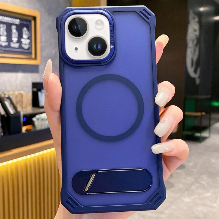 For iPhone 13 Skin Feel Frameless MagSafe PC Phone Case with Fold Holder(Blue) - iPhone 13 Cases by PMc TechLife | Online Shopping South Africa | PMc TechLife | Buy Now Pay Later Mobicred