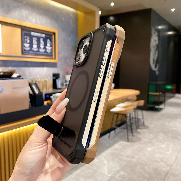 For iPhone 14 Skin Feel Frameless MagSafe PC Phone Case with Fold Holder(Black) - iPhone 14 Cases by PMc TechLife | Online Shopping South Africa | PMc TechLife | Buy Now Pay Later Mobicred