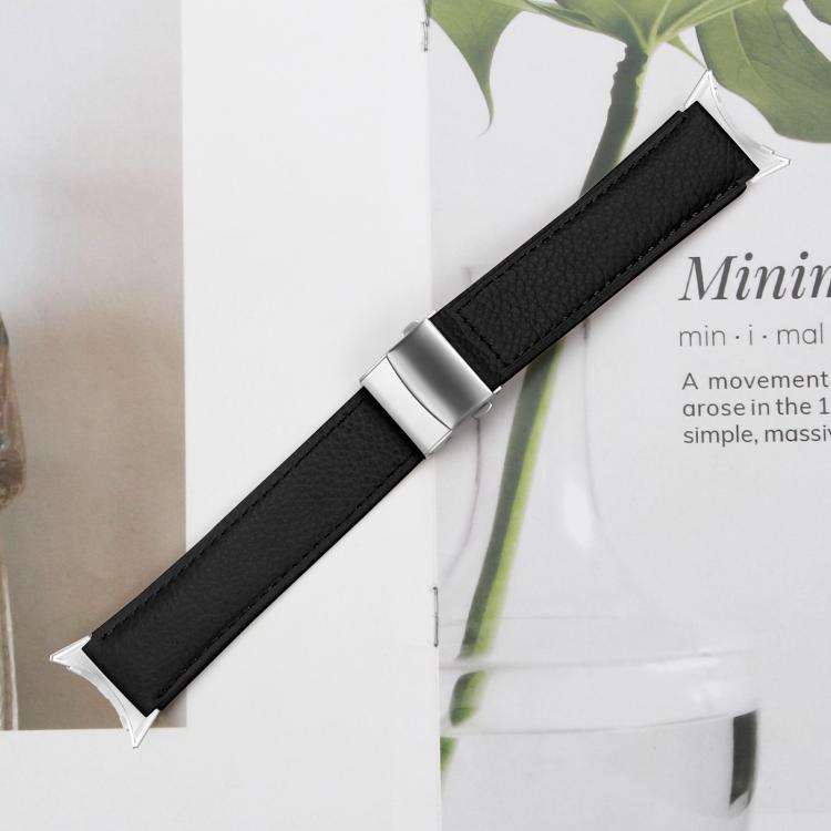 For Google Pixel Watch / Watch 2 / 3 41mm Lychee Texture Silver Turtle Back Buckle Leather Watch Band(Black) - free shipping - PMC TechLife - Order now!