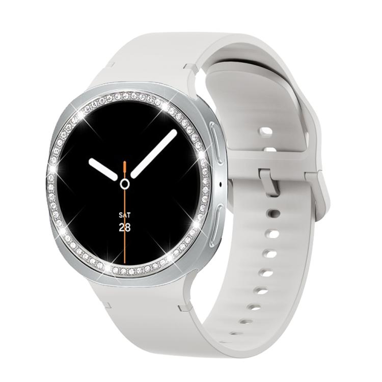 For Samsung Galaxy Watch8 44mm Diamond Bezel and Solid Color Stitched Silicone Watch Band(Lime White Silver) - free shipping - PMC TechLife - Order now!