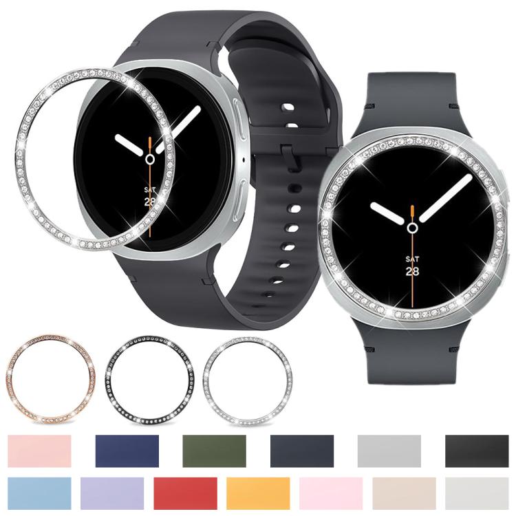 For Samsung Galaxy Watch8 44mm Diamond Bezel and Solid Color Stitched Silicone Watch Band(Lime White Silver) - free shipping - PMC TechLife - Order now!