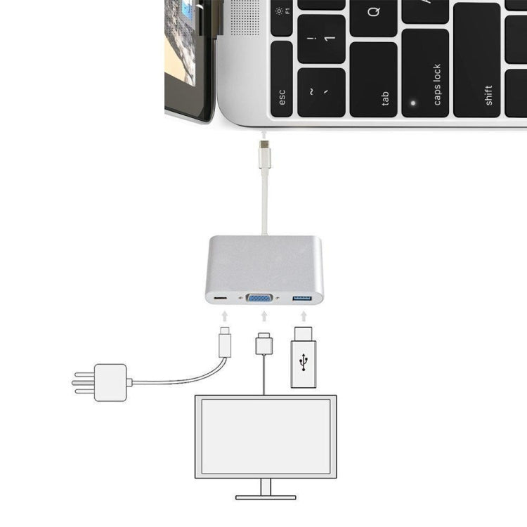 USB Type C to VGA 3-in-1 Hub Adapter supports USB Type C tablets and laptops for Macbook Pro / Google ChromeBook(Silver) - Cable & Adapters by PMC TechLife | Online Shopping South Africa | PMC TechLife
