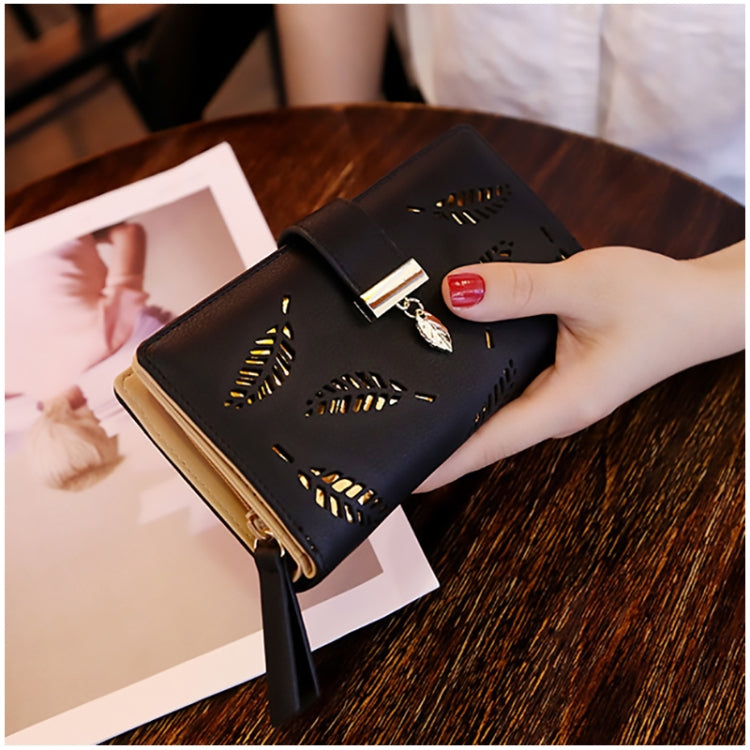 Long Gold Hollow Leaves Coin Purse Card Holders Wallet for Women(Black) - Wallets by PMC Jewellery | Online Shopping South Africa | PMC Jewellery | Buy Now Pay Later Mobicred