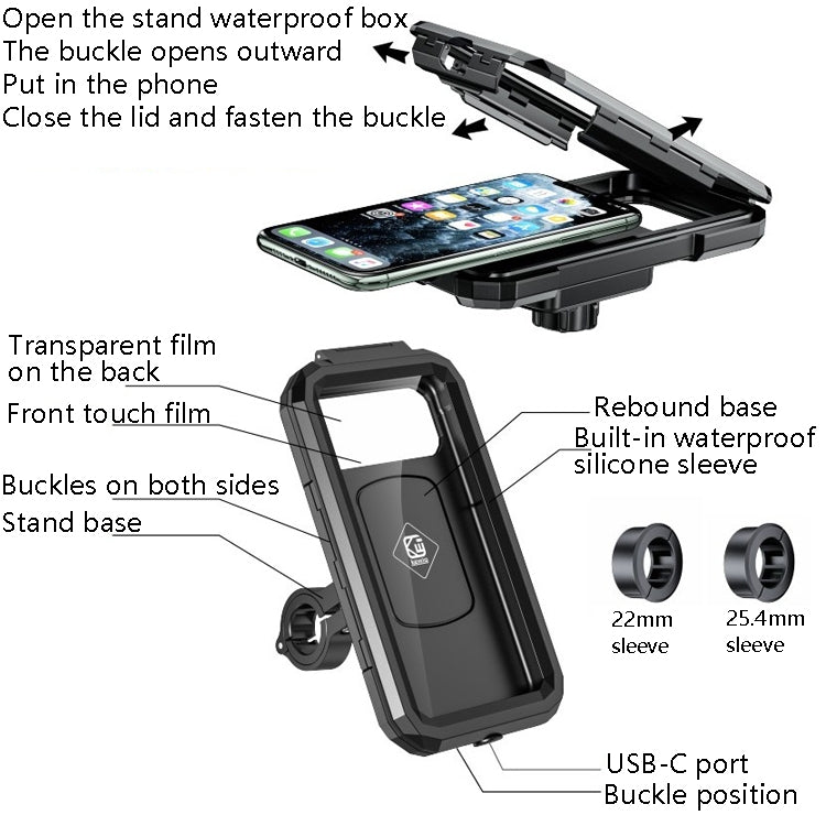 Kewig Bicycle Motorcycle Waterproof Box Mobile Phone Bracket Riding Touch Mobile Phone Fixed Seat(M18L-B1 Large Handlebar Installation) - Holder by Kewig | Online Shopping South Africa | PMC Jewellery | Buy Now Pay Later Mobicred