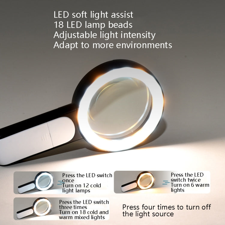 30 Times 18 LED Cool Warm Light HD Elderly Reading Repair Glass Magnifier(Gray White) - Hand Held Style by PMC Jewellery | Online Shopping South Africa | PMC Jewellery | Buy Now Pay Later Mobicred