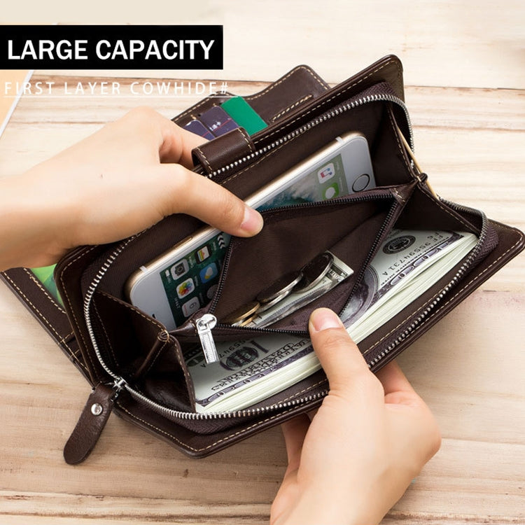 BULL CAPTAIN 028 Long Buckle Retro Cowhide Multi-Function Wallet (Coffee) - free shipping - PMC TechLife - Order now!