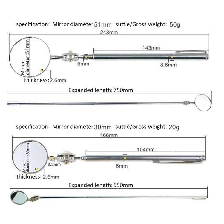Car Repair Detection Mirror Universal Folding Telescopic Mirror Welding Chassis Inspection Mirror, Model: Silver 50mm - Inspection Tools by PMC TechLife | Online Shopping South Africa | PMC TechLife | Buy Now Pay Later Mobicred