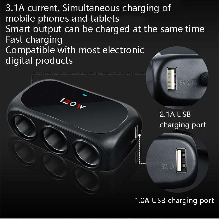 Car Charger Cigarette Lighter 1 In 3 Mobile Phone USB Car Charger(Black) - Cigar Socket by PMC Jewellery | Online Shopping South Africa | PMC Jewellery | Buy Now Pay Later Mobicred