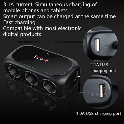 Car Charger Cigarette Lighter 1 In 3 Mobile Phone USB Car Charger(Black) - Cigar Socket by PMC Jewellery | Online Shopping South Africa | PMC Jewellery | Buy Now Pay Later Mobicred