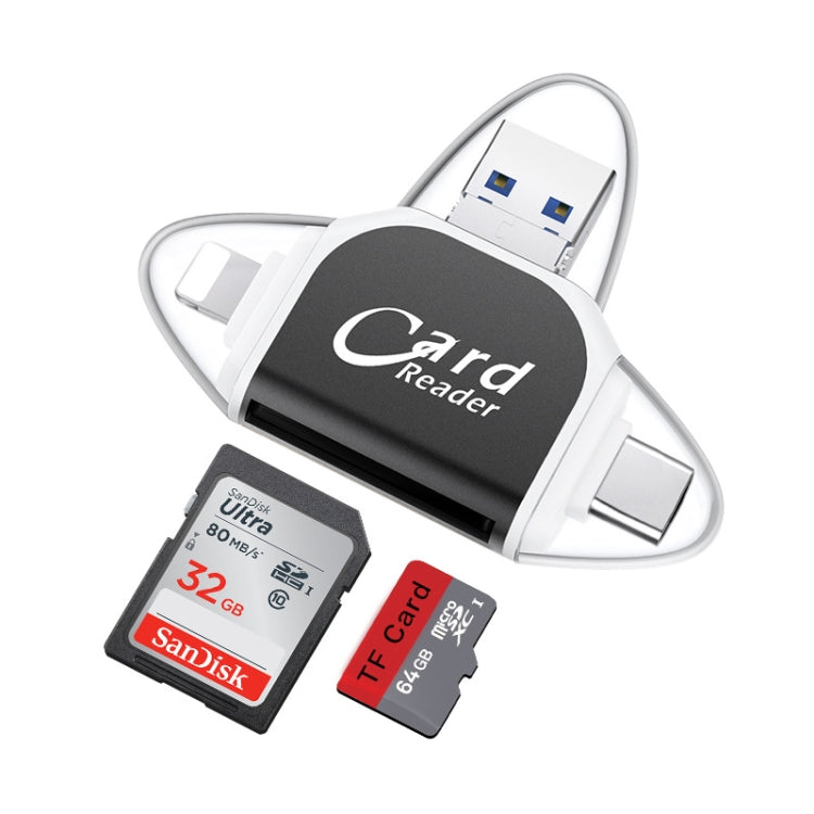 R015 USB2.0 & Micro USB+8Pin+Type-C 4 In 1 Card Reader Supports SD/TF Card(Black) -  by PMC TechLife | Online Shopping South Africa | PMC TechLife