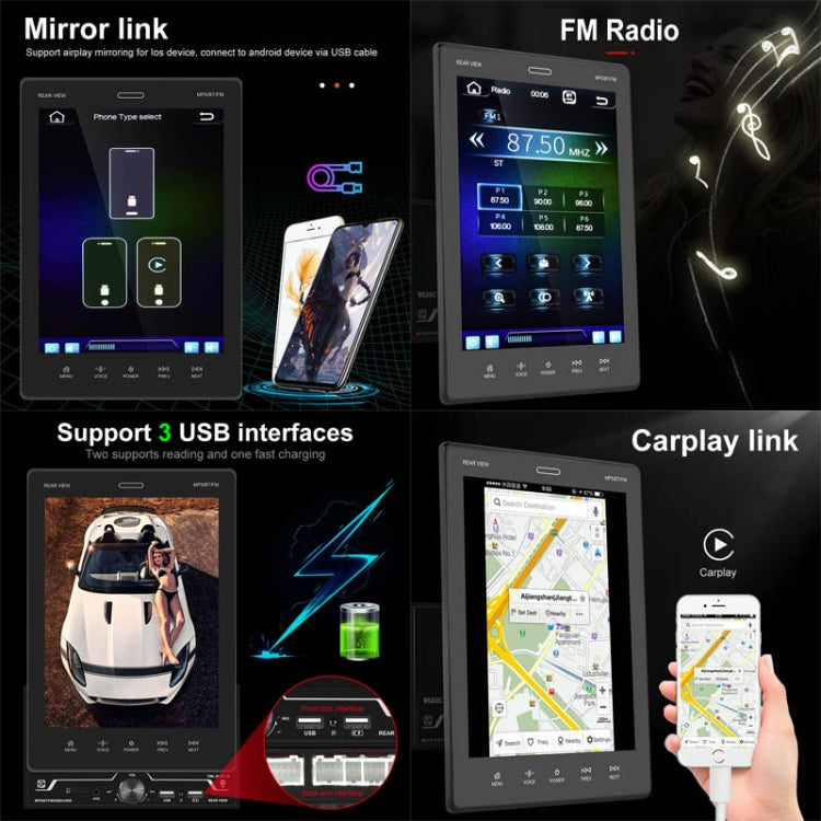 9520C Double Spindle 9.5 inch Vertical Screen Car MP5 Player, Style: Standard+4 Light Camera - Car MP3 & MP4 & MP5 by PMC TechLife | Online Shopping South Africa | PMC TechLife | Buy Now Pay Later Mobicred