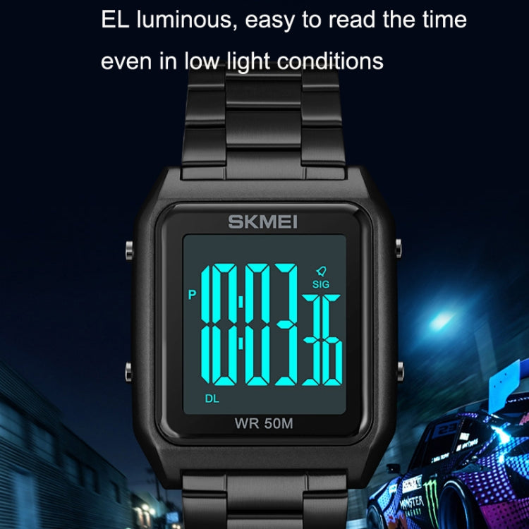SKMEI 1879 Square Large Screen Men Steel Belt Multi-function EL Luminous Watch, Color: Silver - free shipping - PMC TechLife - Order now!
