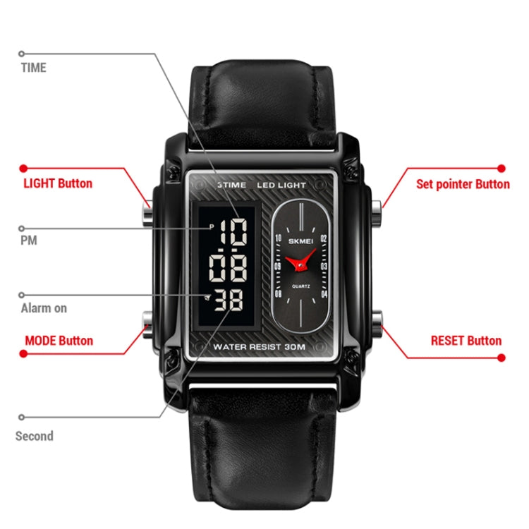 SKMEI 1868 Square Double Display Waterproof Men Watch, Style: Leather Belt (Silver) - free shipping - PMC TechLife - Order now!