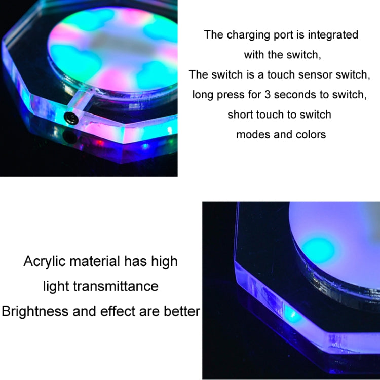 100x10mm Octagonal USB Charging LED Light Up Acrylic Coaster Transparent Crystal Base(White Light) - Car Drink Holders by PMC TechLife | Online Shopping South Africa | PMC TechLife | Buy Now Pay Later Mobicred