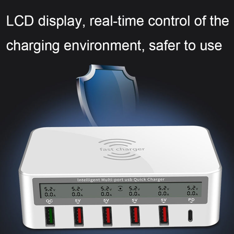 818PF 5 USB Ports + Type-C Smart Digital Display Wireless Phone Charger, Style: UK Plug (White) - Multifunction Charger by PMC TechLife | Online Shopping South Africa | PMC TechLife | Buy Now Pay Later Mobicred