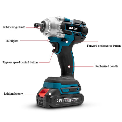 HILDA Motorized Wrenches Lithium Repair Parts With 22mm Socket, EU Plug, Model: Blue With 2 Battery+1 Charger(3000mAh) - Screws by HILDA | Online Shopping South Africa | PMC Jewellery | Buy Now Pay Later Mobicred