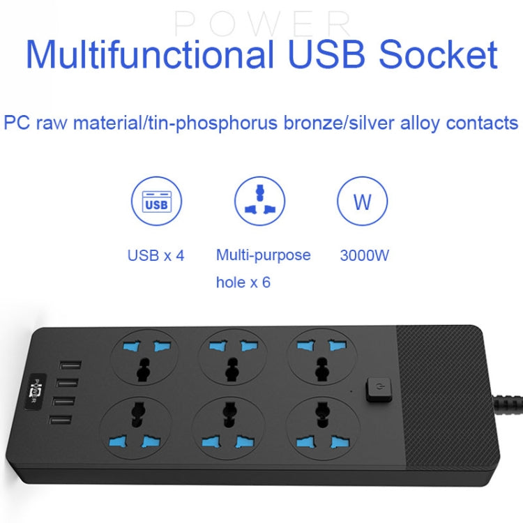 TB-T12 3000W 2m 4-USB Ports + 6-Jacks Multifunctional Flame-Retardant Socket With Switch(EU Plug) - Extension Socket by PMC Jewellery | Online Shopping South Africa | PMC Jewellery | Buy Now Pay Later Mobicred