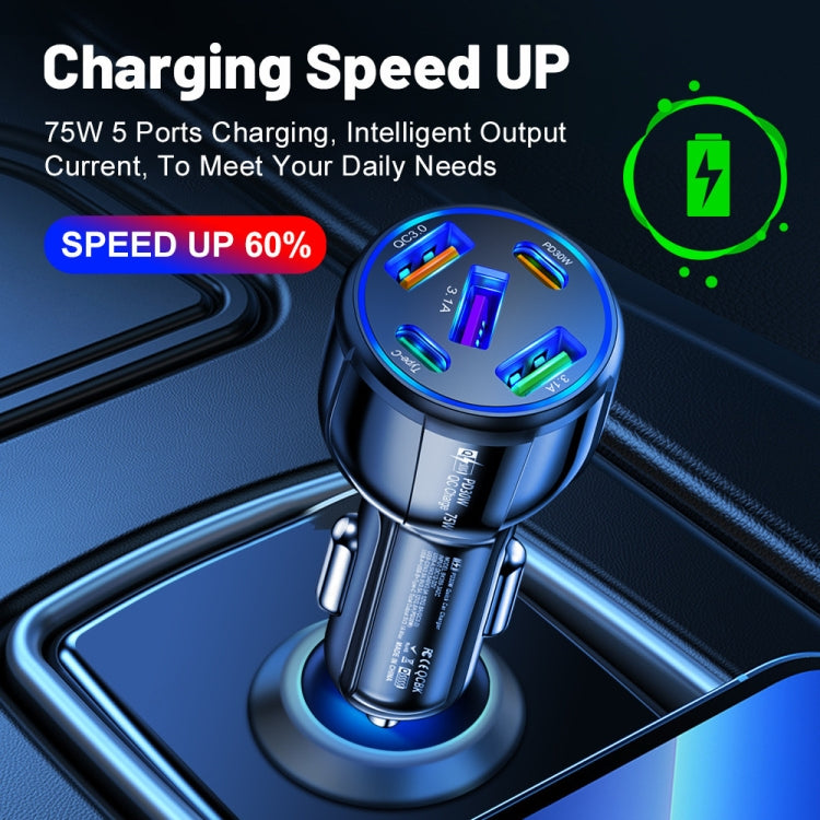 3USB+2PD 75W Dual Line Car Mobile Phone Fast Charging Charger(White) - Car Charger by PMC TechLife | Online Shopping South Africa | PMC TechLife | Buy Now Pay Later Mobicred