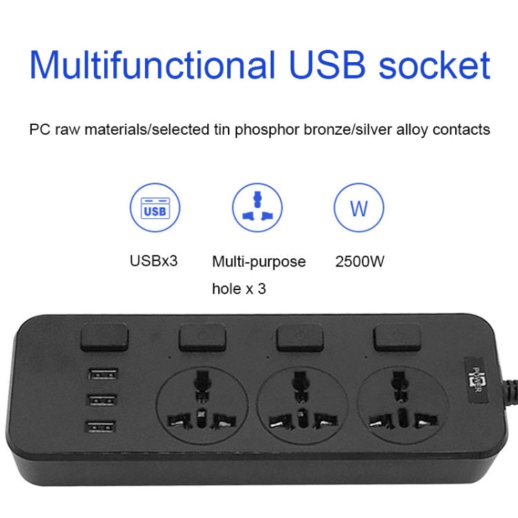 T14 2m 2500W 3 Plugs + 3-USB Ports Multifunctional Socket With Switch, Specification: UK Plug (Black) - Extension Socket by PMC TechLife | Online Shopping South Africa | PMC TechLife | Buy Now Pay Later Mobicred