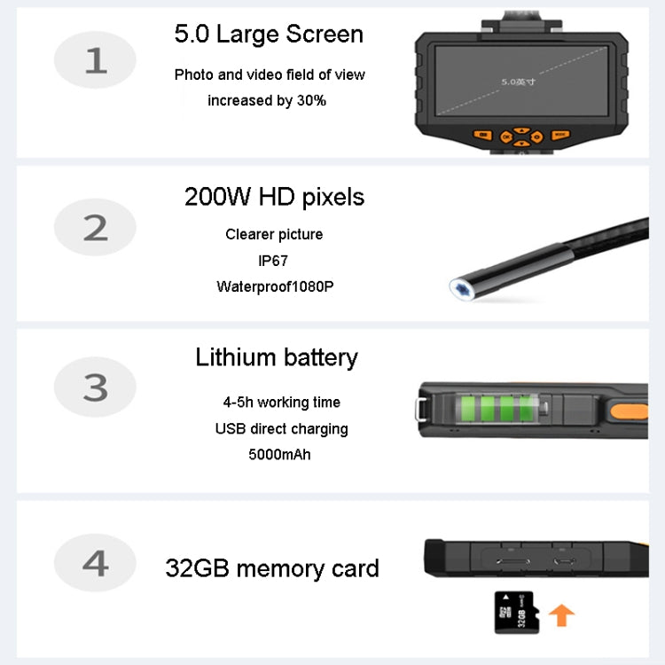 Teslong NTS300 5 Inch HD Large Screen Industrial Inspection Borescope Auto Repair Tools, Specification: 7.6mm-1M - free shipping - PMC TechLife - Order now!