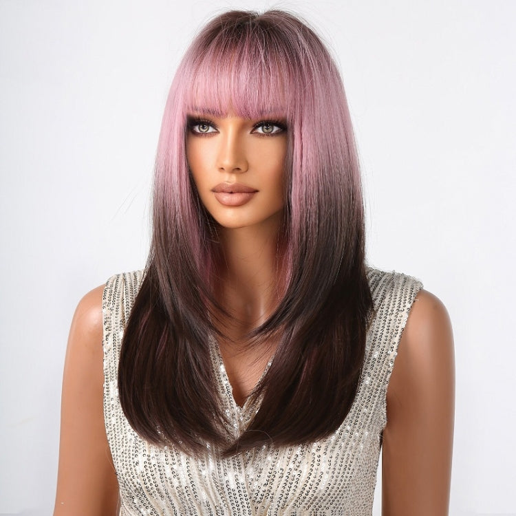 Cosplay Punk Style Gradient Long Straight Wig with Bangs(Pink Gradient Dark Brown) - free shipping - PMC TechLife - Order now!