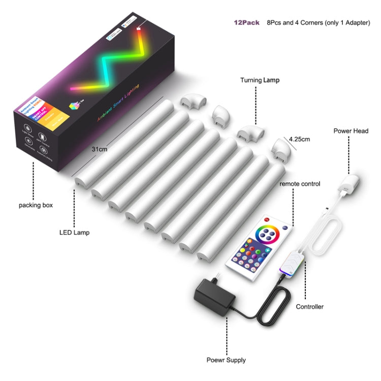 8pcs+4 Corners WiFi  12V RGBIC Splicing Wall Light Intelligent Remote Control Indoor Decorative Ambient Lights(US Plug) - Novelty Lighting by PMC TechLife | Online Shopping South Africa | PMC TechLife | Buy Now Pay Later Mobicred