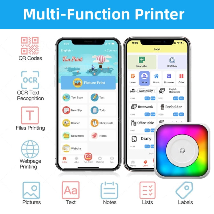 RGB Light Portable Mini Bluetooth Printer Inkless Document Label Printer with 5 Paper+5 Stickers+3 Color Paper - Printer by PMC TechLife | Online Shopping South Africa | PMC TechLife