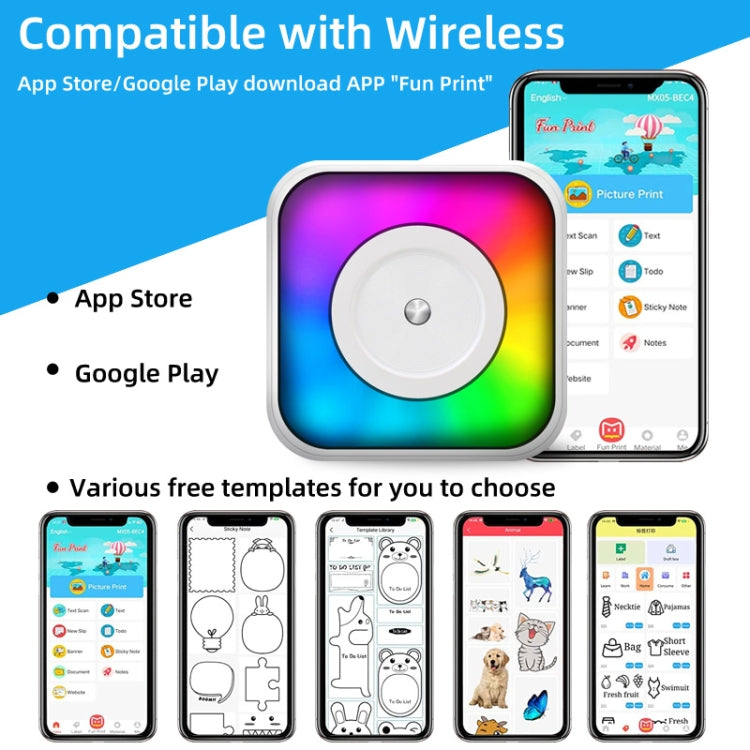 RGB Light Portable Mini Bluetooth Printer Inkless Document Label Printer with 5 Paper+5 Stickers+3 Color Paper - Printer by PMC TechLife | Online Shopping South Africa | PMC TechLife