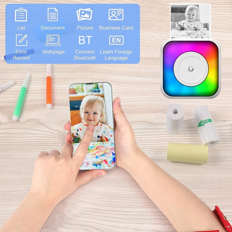 RGB Light Portable Mini Bluetooth Printer Inkless Document Label Printer with 5 Paper+5 Stickers+3 Color Paper - Printer by PMC TechLife | Online Shopping South Africa | PMC TechLife
