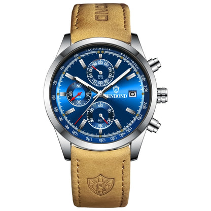 BINBOND B6022 30m Waterproof Luminous Multifunctional Quartz Watch, Color: Leather-White Steel-Blue - Leather Strap Watches by BINBOND | Online Shopping South Africa | PMC Jewellery