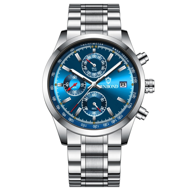 BINBOND B6022 30m Waterproof Luminous Multifunctional Quartz Watch, Color: White Steel-Blue - Metal Strap Watches by BINBOND | Online Shopping South Africa | PMC Jewellery