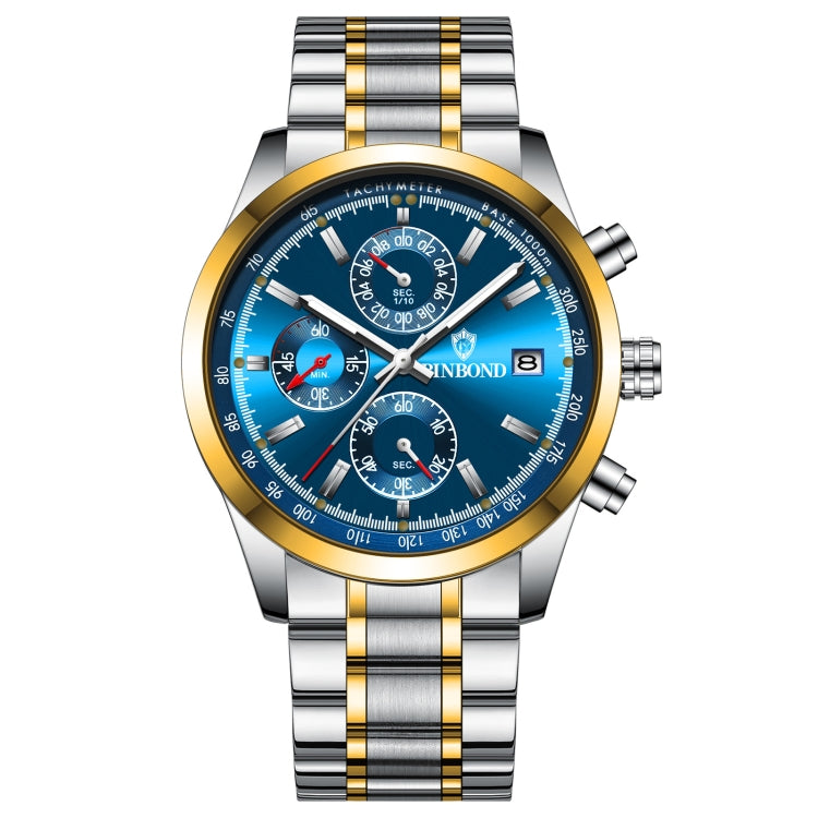 BINBOND B6022 30m Waterproof Luminous Multifunctional Quartz Watch, Color: Inter-Gold-Blue - Metal Strap Watches by BINBOND | Online Shopping South Africa | PMC Jewellery