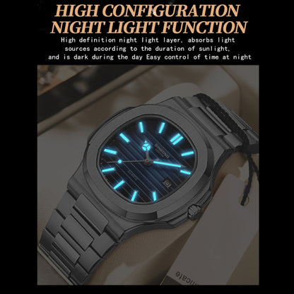 BINBOND B1885 30m Waterproof Retro Luminous Square Men Quartz Watch, Color: White Steel-Blue - Metal Strap Watches by BINBOND | Online Shopping South Africa | PMC Jewellery | Buy Now Pay Later Mobicred