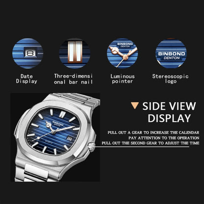 BINBOND B1885 30m Waterproof Retro Luminous Square Men Quartz Watch, Color: White Steel-Blue - Metal Strap Watches by BINBOND | Online Shopping South Africa | PMC Jewellery | Buy Now Pay Later Mobicred