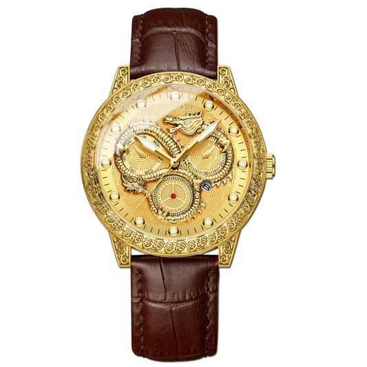 BINBOND B3030 Embossed Dragon Luminous Waterproof Quartz Watch, Color: Brown Leather-Full-gold-Gold - Leather Strap Watches by BINBOND | Online Shopping South Africa | PMC Jewellery | Buy Now Pay Later Mobicred