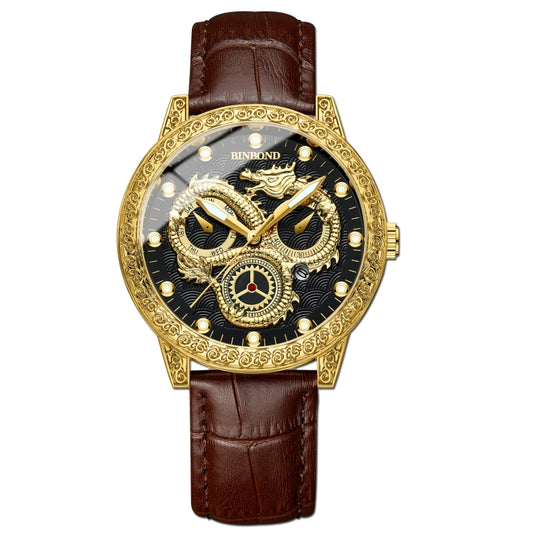 BINBOND B3030 Embossed Dragon Luminous Waterproof Quartz Watch, Color: Brown Leather-Full-gold-Black - Leather Strap Watches by BINBOND | Online Shopping South Africa | PMC Jewellery | Buy Now Pay Later Mobicred