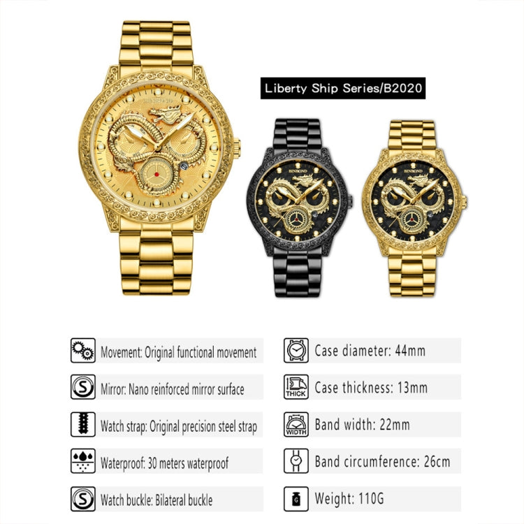 BINBOND B3030 Embossed Dragon Luminous Waterproof Quartz Watch, Color: Full-gold Black - Metal Strap Watches by BINBOND | Online Shopping South Africa | PMC Jewellery | Buy Now Pay Later Mobicred