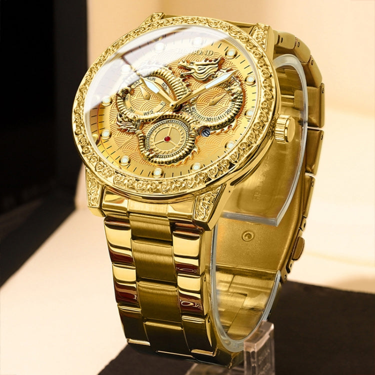 BINBOND B3030 Embossed Dragon Luminous Waterproof Quartz Watch, Color: Brown Leather-Full-gold-White - Leather Strap Watches by BINBOND | Online Shopping South Africa | PMC Jewellery | Buy Now Pay Later Mobicred