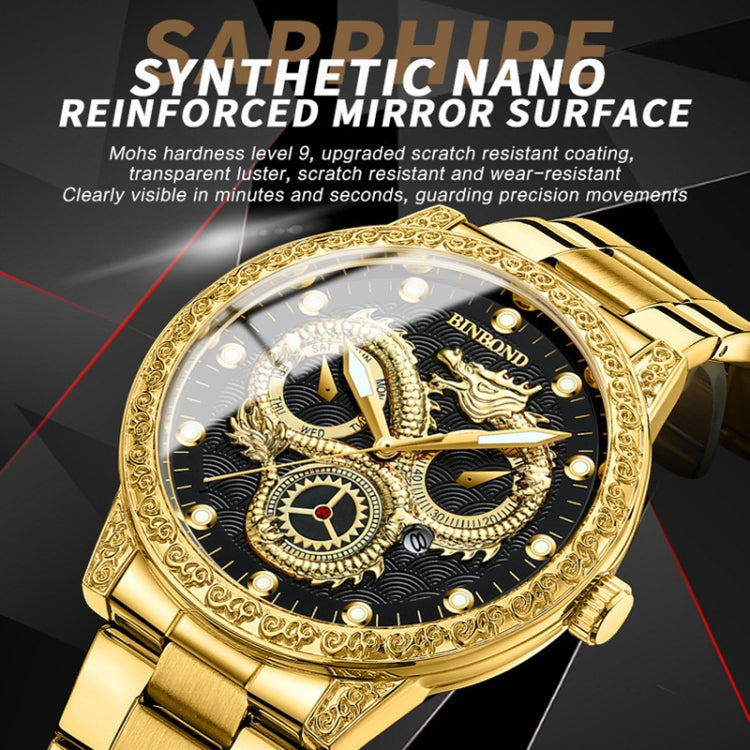 BINBOND B3030 Embossed Dragon Luminous Waterproof Quartz Watch, Color: Full-gold Gold - Metal Strap Watches by BINBOND | Online Shopping South Africa | PMC Jewellery | Buy Now Pay Later Mobicred