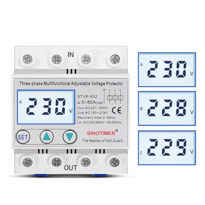 SINOTIMER STVP-932 40A 3-phase 380V LCD Self-resetting Adjustable Surge Voltage Protector - Other Tester Tool by SINOTIMER | Online Shopping South Africa | PMC Jewellery | Buy Now Pay Later Mobicred