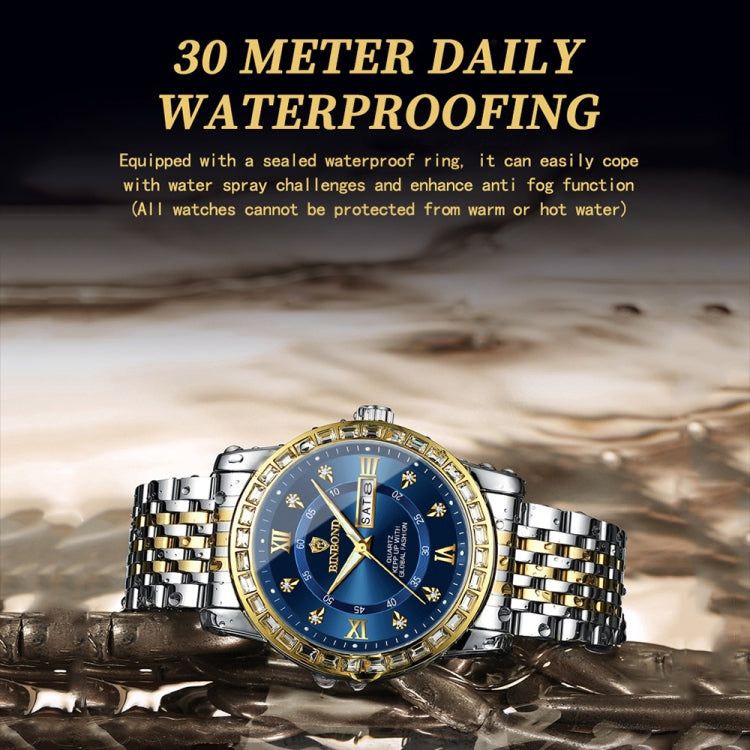 BINBOND B2202 Diamond Dual-calendar Luminous Quartz Watch, Color: Inter-gold-Black - free shipping - PMC TechLife - Order now!