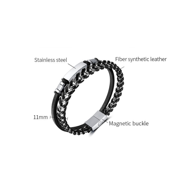 OPK PH1587 Stainless Steel Glossy Double Braided Leather Magnetic Insert Buckle Bracelet - Bracelets by OPK | Online Shopping South Africa | PMC Jewellery | Buy Now Pay Later Mobicred