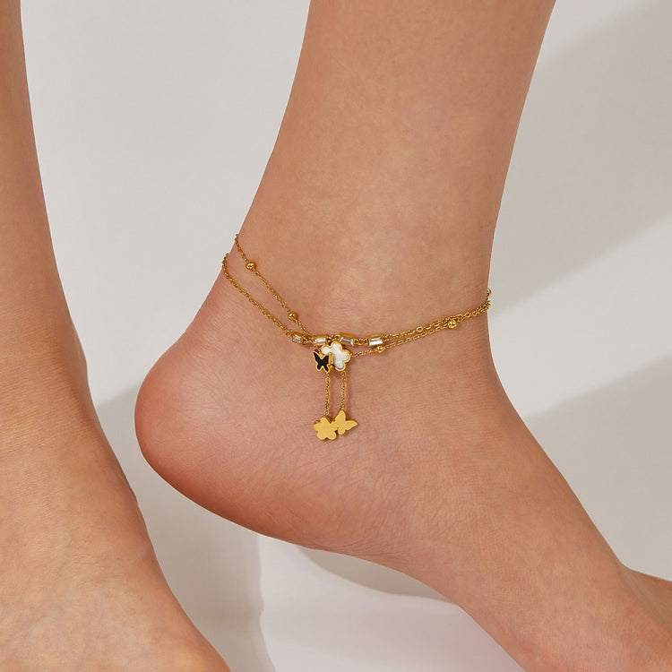 OPK GZ192 Simple Delicate Tassel Butterfly Flower Double Layers Stainless Steel Anklets(Gold) - Anklets by OPK | Online Shopping South Africa | PMC Jewellery | Buy Now Pay Later Mobicred