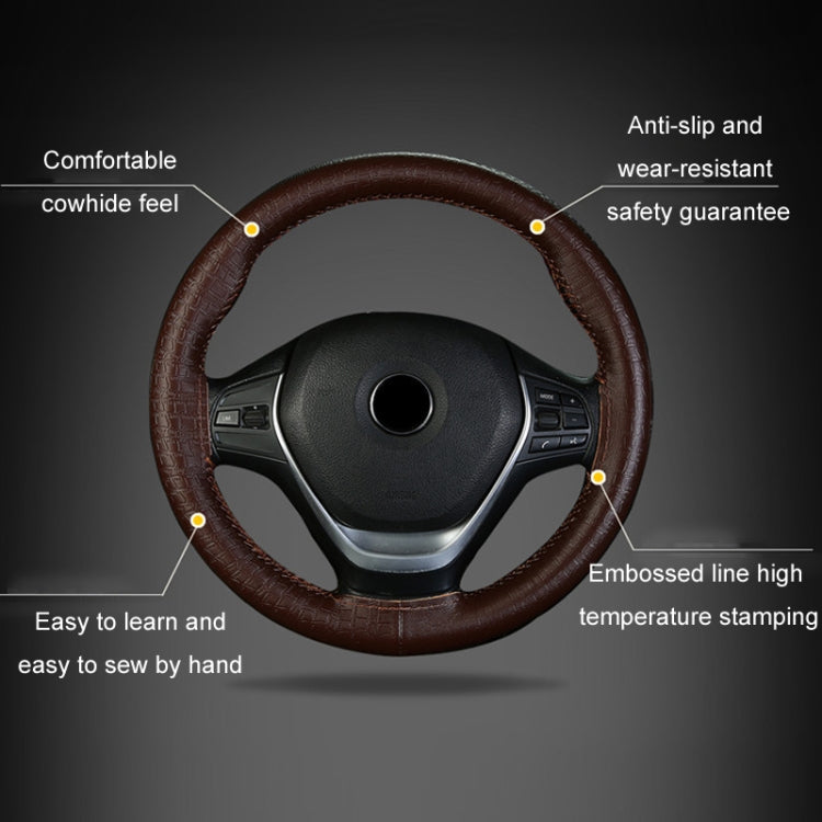 38cm Four-season Embossed Cowhide Hand-sewn Steering Wheel Cover(Brown) - Steering Wheel Accessories by PMC TechLife | Online Shopping South Africa | PMC TechLife | Buy Now Pay Later Mobicred