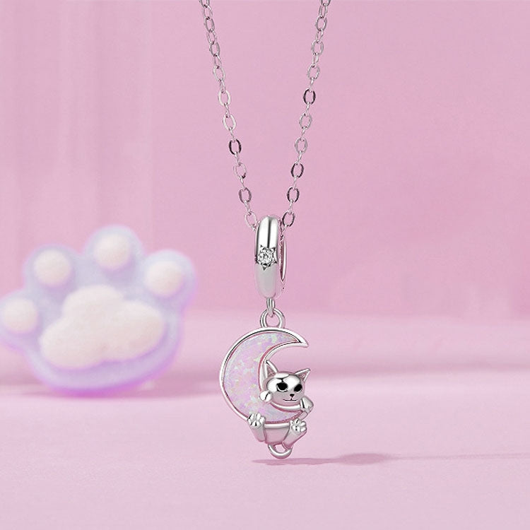 S925 Sterling Silver Plated Platinum Fantasy Moon Cute Cat Pendant(SCC2879) - Jewelry Accessories by PMC Jewellery | Online Shopping South Africa | PMC Jewellery | Buy Now Pay Later Mobicred