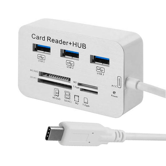 USB 3.1 Type-C COMBO 3 Ports HUB + MS DUO / SD(HC) / M2 / T-Flash Card Reader with LED Indication(Silver) - Card Reader by PMC Jewellery | Online Shopping South Africa | PMC Jewellery | Buy Now Pay Later Mobicred