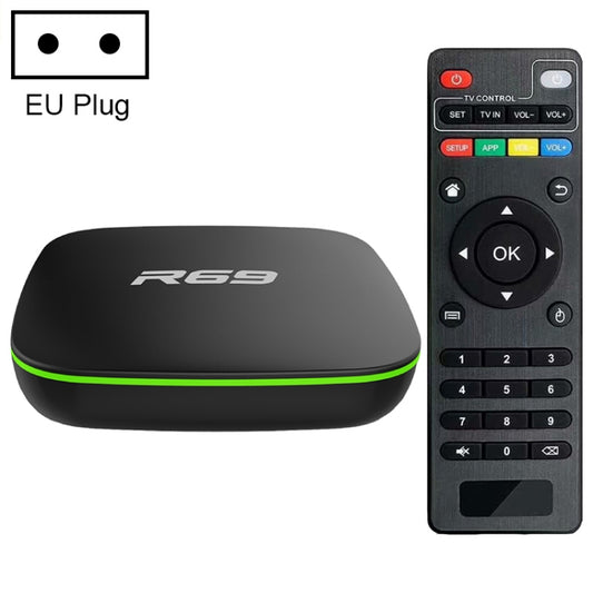 R69 1080P HD Smart TV BOX Android 4.4 Media Player with Remote Control, Quad Core Allwinner H3, RAM: 1GB, ROM: 8GB, 2.4G WiFi, LAN, EU Plug - Allwinner H3 by PMC Jewellery | Online Shopping South Africa | PMC Jewellery | Buy Now Pay Later Mobicred