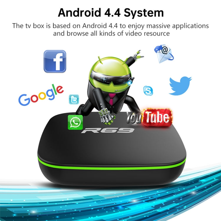 R69 1080P HD Smart TV BOX Android 4.4 Media Player with Remote Control, Quad Core Allwinner H3, RAM: 1GB, ROM: 8GB, 2.4G WiFi, LAN, UK Plug - Allwinner H3 by PMC Jewellery | Online Shopping South Africa | PMC Jewellery | Buy Now Pay Later Mobicred