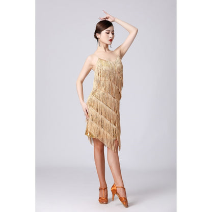 V-neck Suspender Sequined Fringed Latin Dance Dress Competition Performance Suit (Color:Gold Size:S) - Dress by PMC Jewellery | Online Shopping South Africa | PMC Jewellery